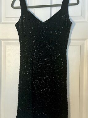 Vintage Sean Collection Black Beaded V-Neck Sleeveless Cocktail Dress